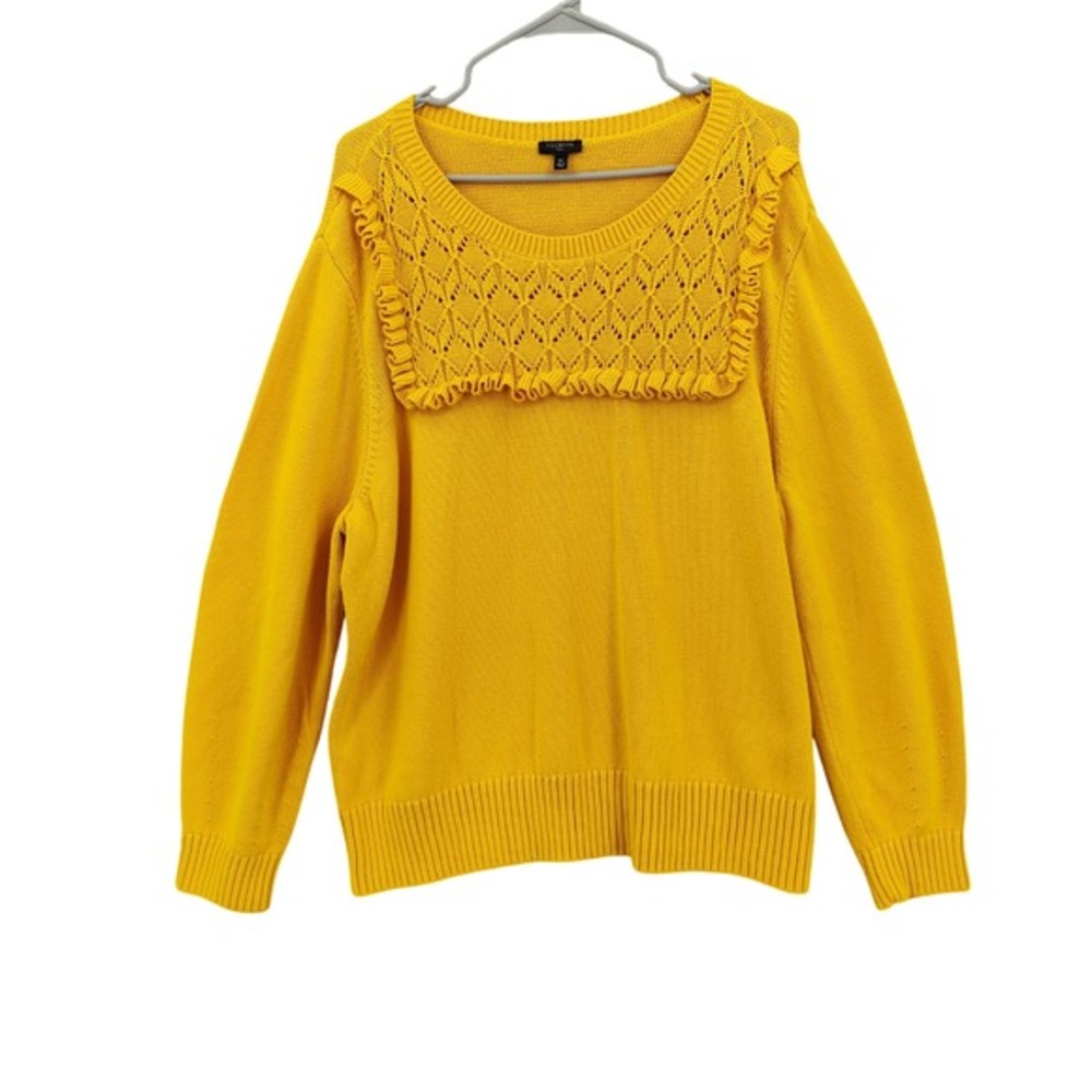 Talbots Women Cottagecore Preppy‎ Ruffle Pointelle Knit Granny Sweater 3X Yellow